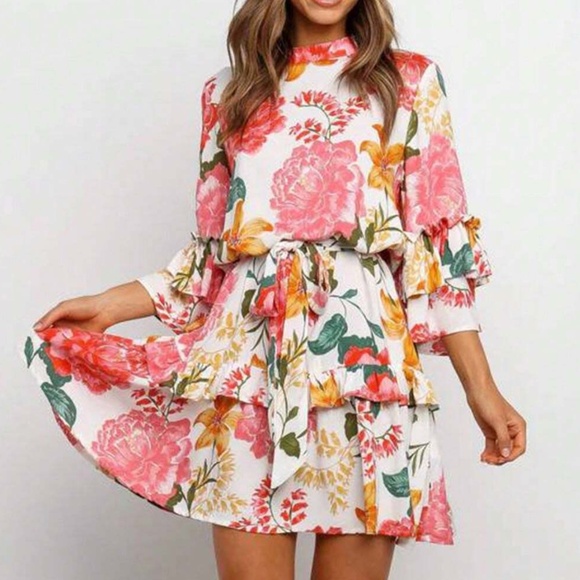 Boho Floral Print 3/4 ruffle sleeve Belted Mini Dress - Picture 1 of 5